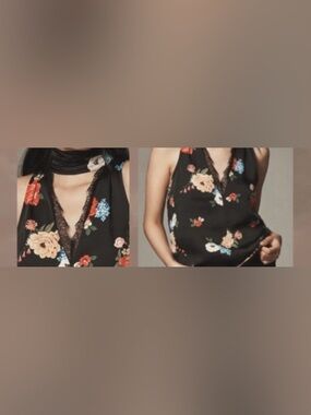 By Anthropologie Silky Black Floral Halter Tank/Lace Trim/Scarf Neck Tie: Size S